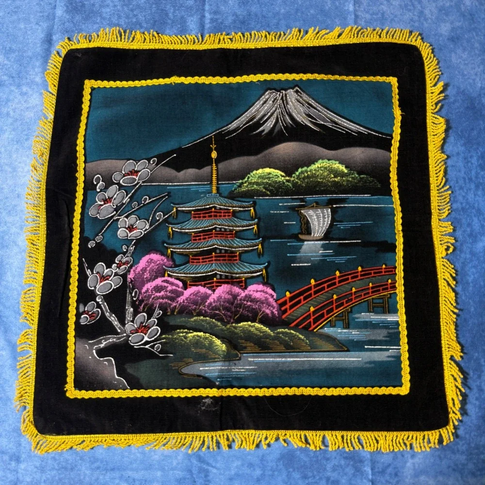 Vintage Japanese Velvet Tapestry Mt Fuji Pagoda Fringe Wall Hanging 18x18